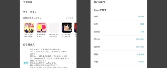ペアーズのプロフ確認画面