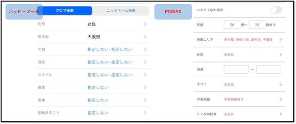 ハッピーメールとPCMAXのプロフィール検索比較