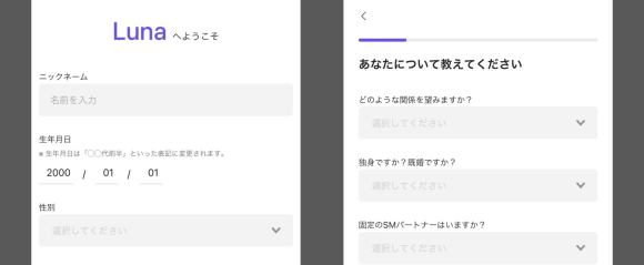Lunaのプロフィール入力画面
