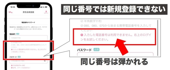 同じ電話番号では枠目に新規登録できない