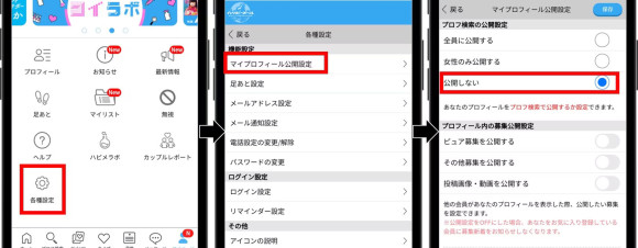 ハッピーメールプロフ検索の公開設定