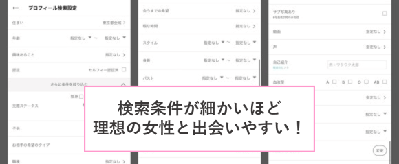 ワクワクメール プロフ検索画面 他アプリより細かめ